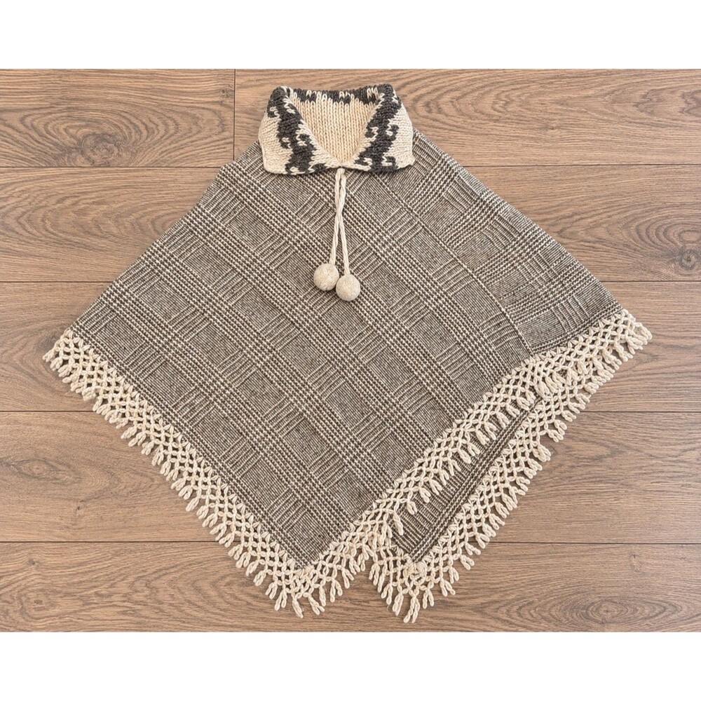 Poncho Cape Shawl Crochet Pom Pom Houndstooth Boho Hippie fringe grandma core